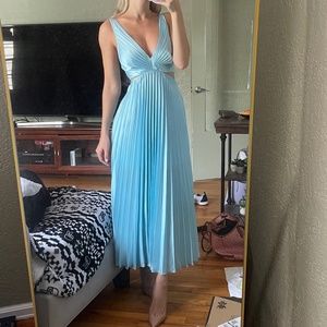 Blue Satin pleated cut out maxi dress